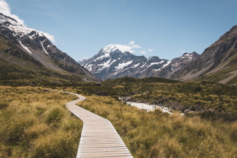 visitors to New Zealand: A wooden boardwalk in the center of a meadow with snow capped mountains in the background