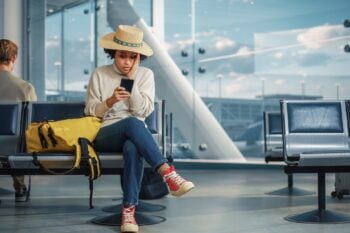 woman sitting in the airport receives news on her phone that her flight was cancelled