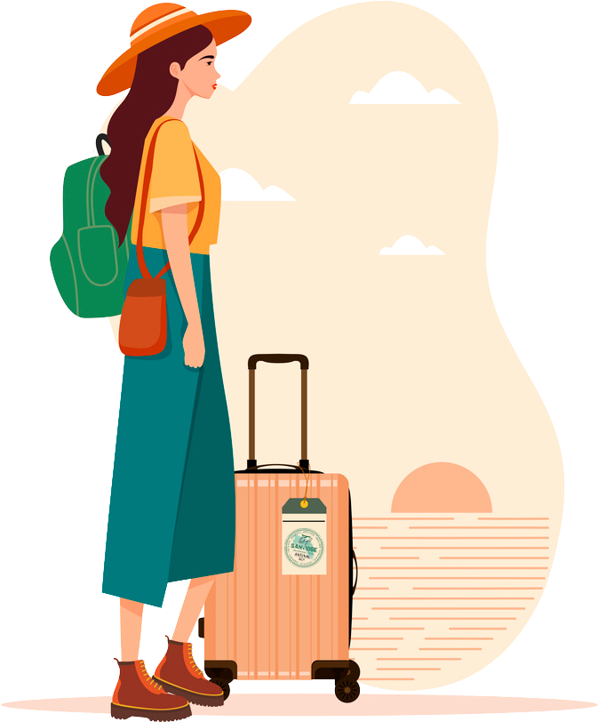 Vector illustration of boho style traveller, with hat and luggage.