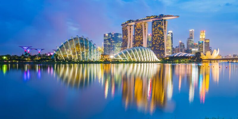 Singapore skyline cityscape at night.