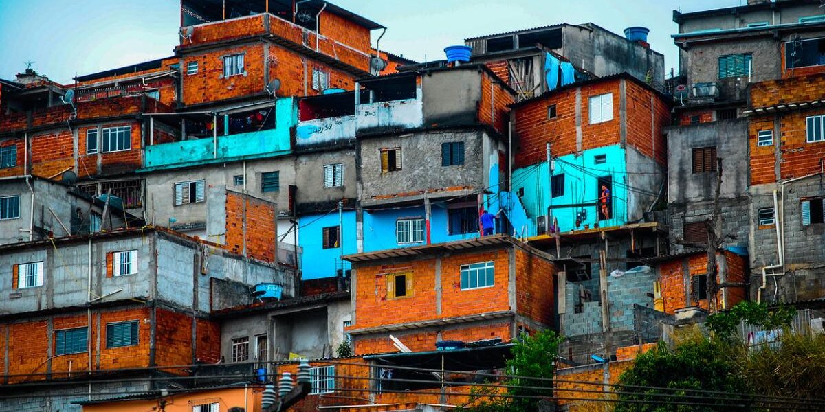 poorly-constructed houses built on top of each other in a typical favela in Brazil