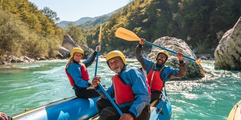 A group enjoying a whitewater rafting adventure, highlighting the importance of group travel insurance with optional sports coverage for high-risk activities